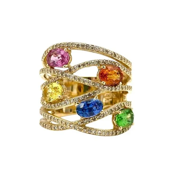 EFFY® Watercolors 14K Yellow Gold Multi Sapphire Diamond Ring - Picture 1 of 8